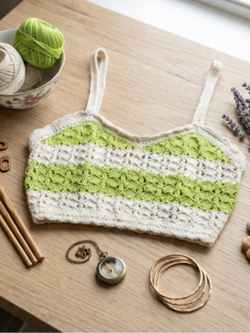 Rebellion again cream top with green crochet trim